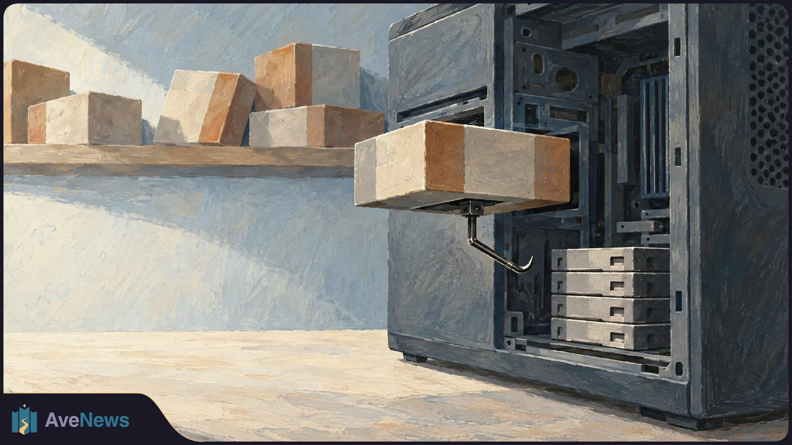 Painted illustration of cardboard boxes on a shelf, with one box being fed into the open side of a desktop computer tower. SI illustration