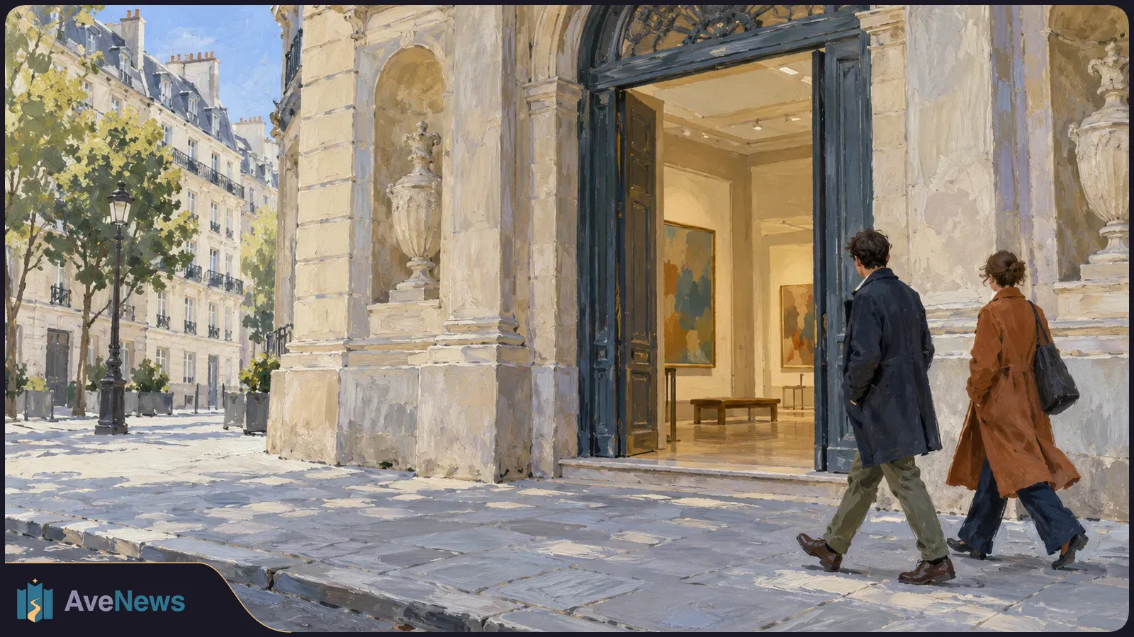 Painted street scene with two people walking past the open entrance of an ornate stone building; framed artworks are visible inside. SI illustration