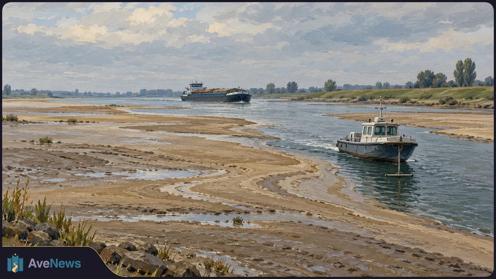 Painted river scene with broad exposed sandbars, a small boat in a narrow channel and a cargo vessel farther upstream beneath a cloudy sky. SI illustration