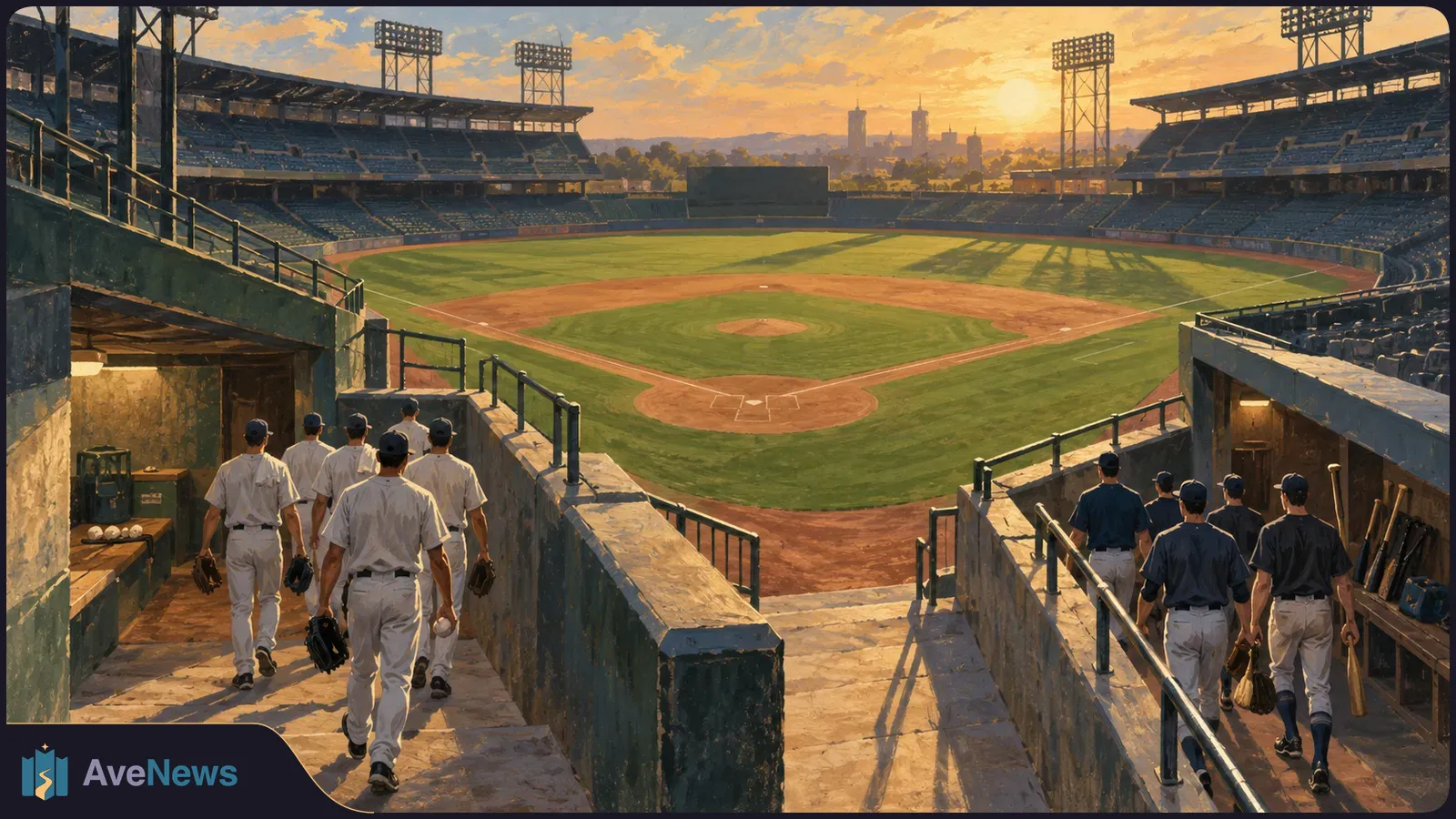 Two groups of baseball players in light and dark uniforms walk down separate ramps toward an empty stadium at sunset. SI illustration