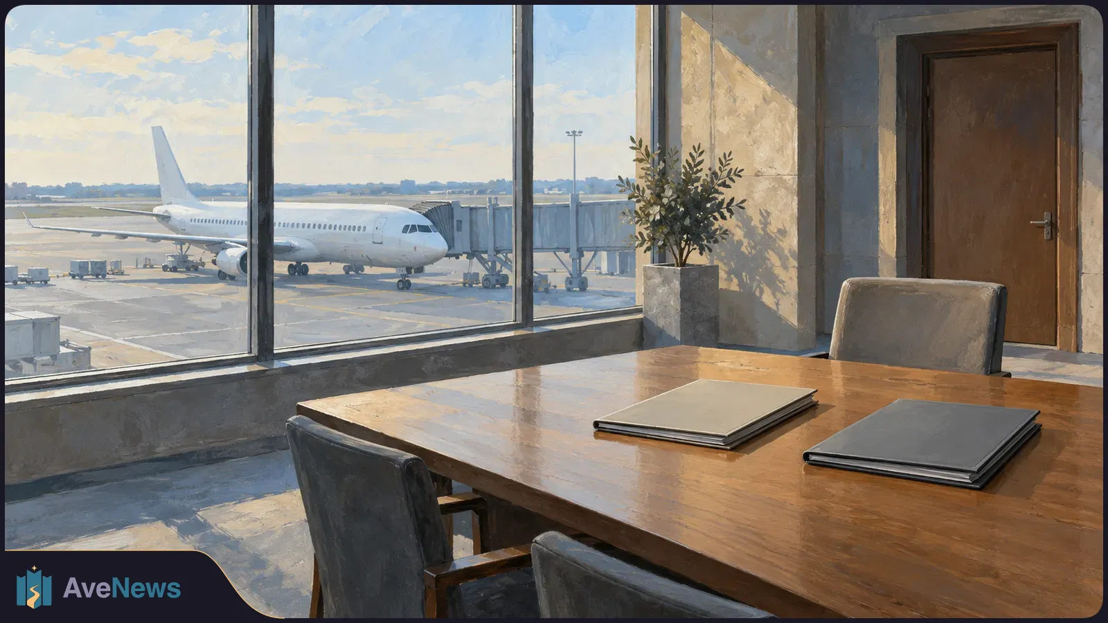 Painted airport meeting room with two closed folders on a table and an unmarked passenger jet outside the window. SI illustration