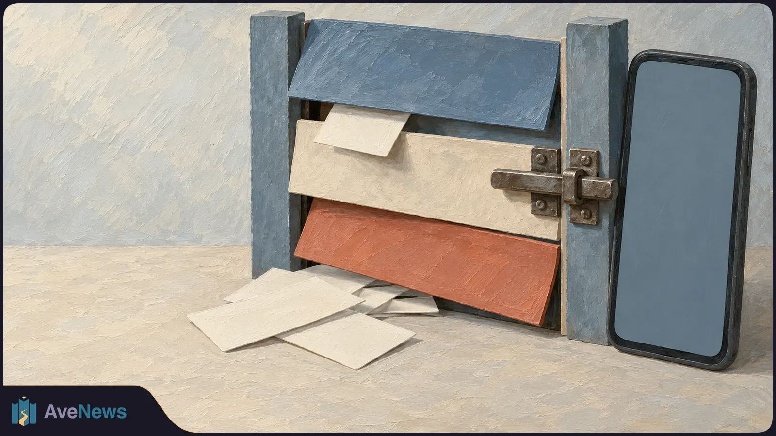 Painted blue, cream and rust-colored boards with a metal bolt, white envelopes scattered in front, and a blank-screen phone standing beside them. SI illustration