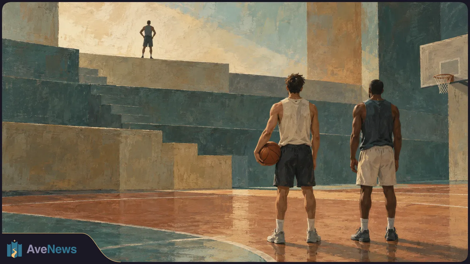 Painted basketball court with two players seen from behind, one holding a ball. A hoop is on the right, and a third figure stands on a raised platform in the distance. SI illustration