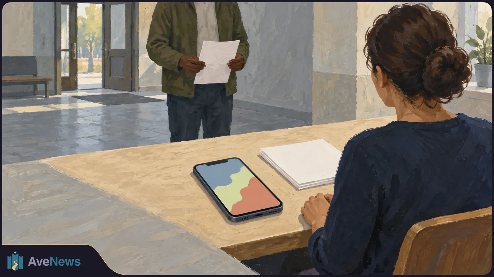 Illustration of a woman seated at a desk with papers and a phone showing three colored areas, facing a person holding a sheet of paper. SI illustration