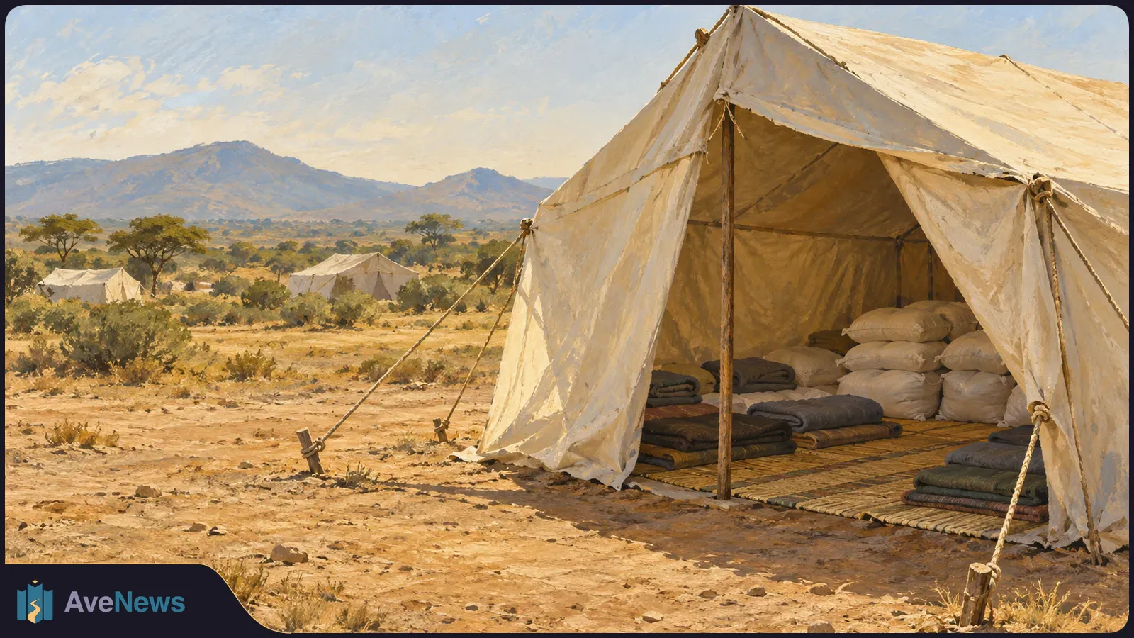 Painted scene of an open canvas tent with folded bedding and stacked sacks inside. Two smaller tents stand among sparse trees, with mountains in the distance. SI illustration