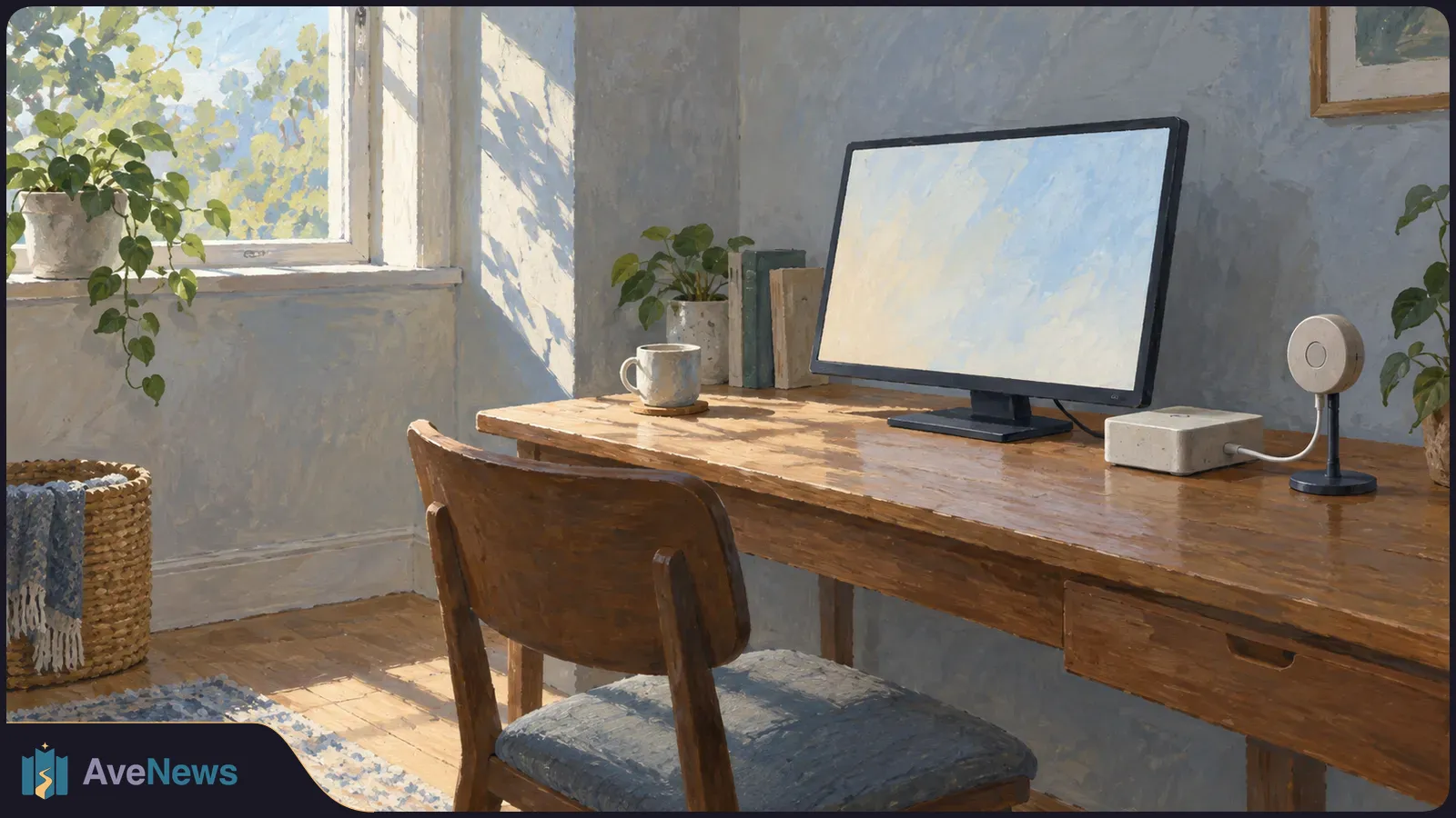 Painted sunlit home workspace with a blank monitor, a white box cabled to a round tabletop device, a mug, plants and a wooden chair. SI illustration