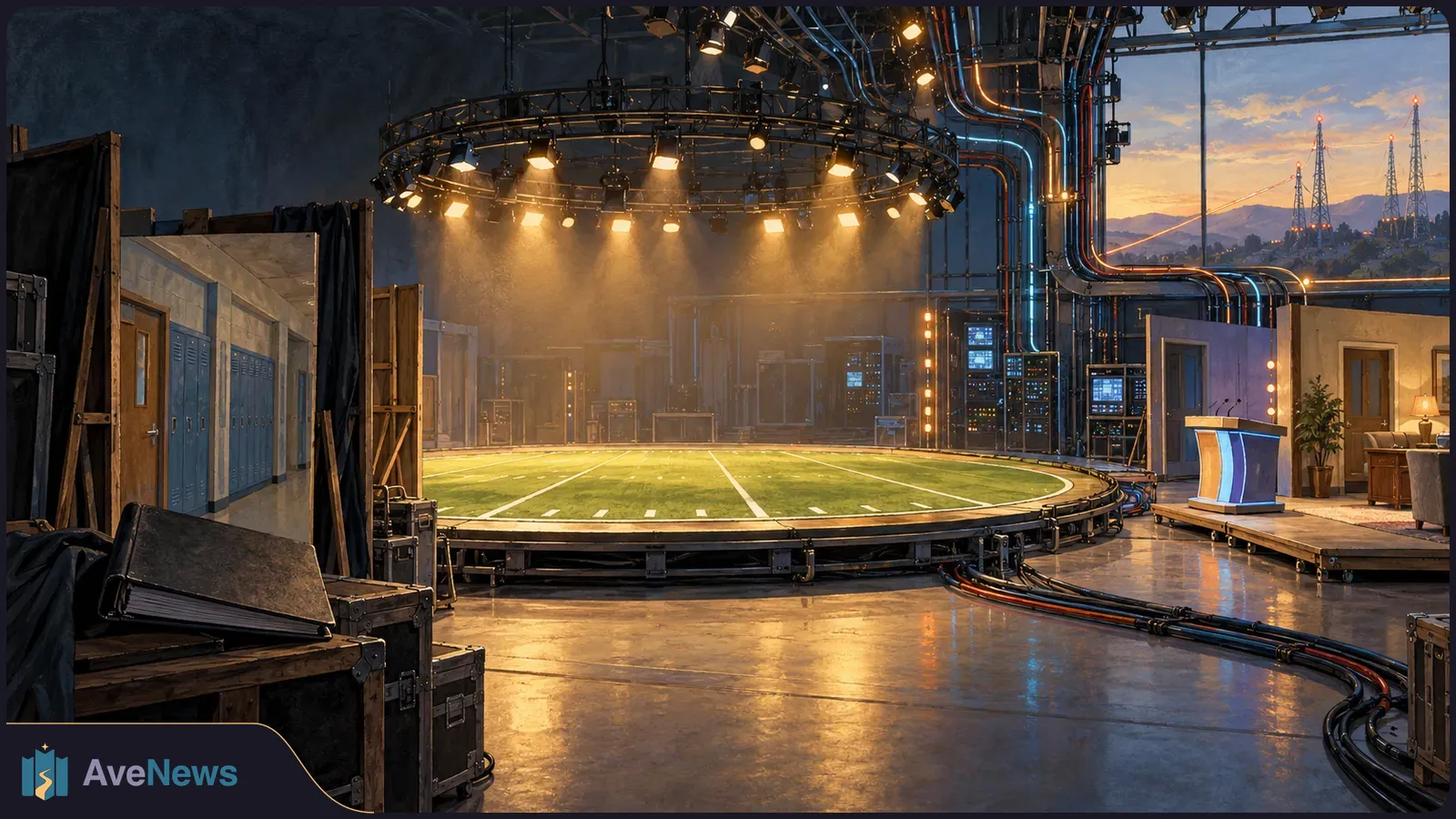 Illustrated TV studio with a circular football field beneath stage lights, flanked by a school hallway set and a talk-show set; cables cross the floor. SI illustration