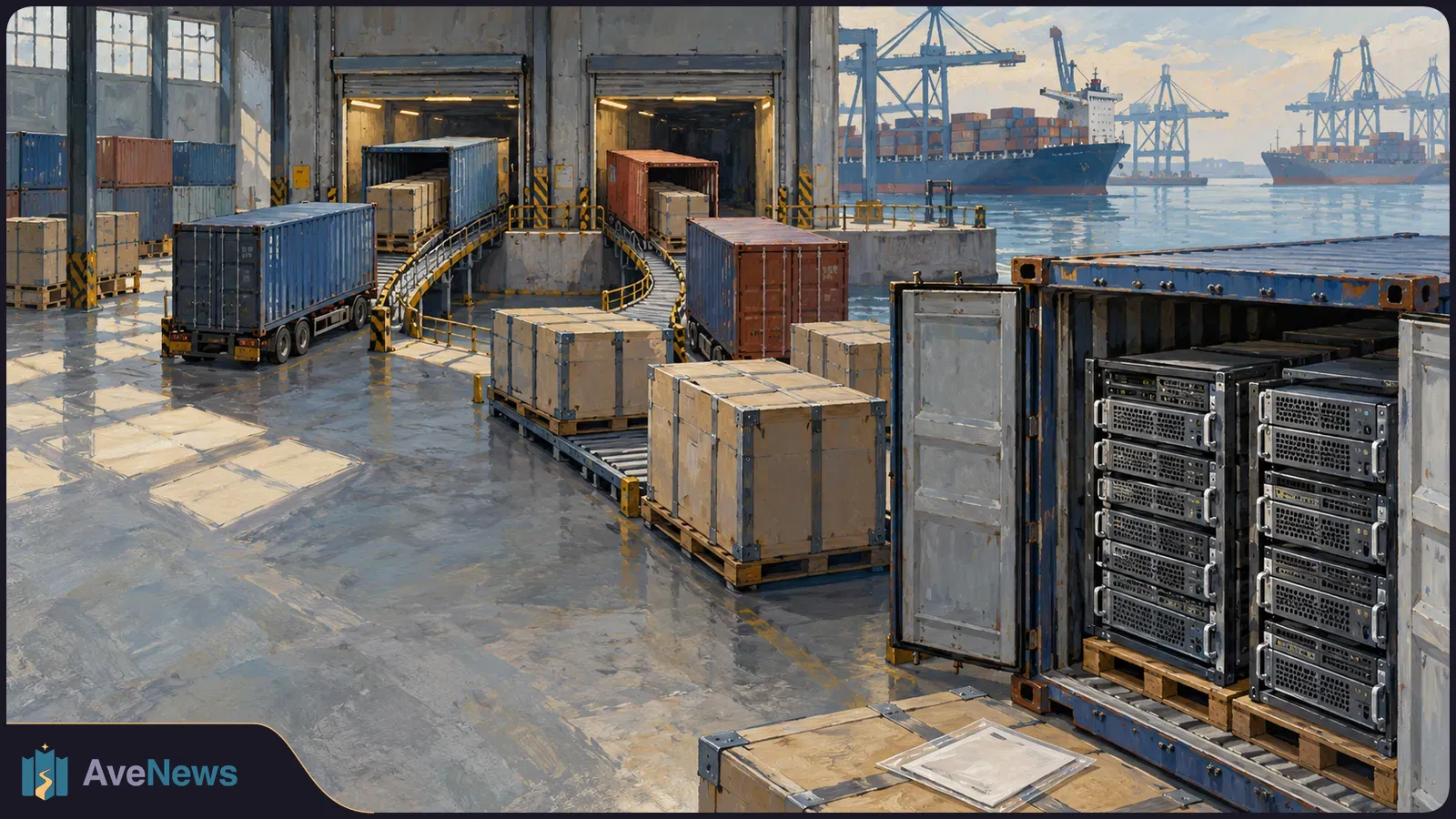 Painted port warehouse with stacked servers inside an open shipping container, crates and trucks nearby, and cargo ships and cranes across the water. SI illustration