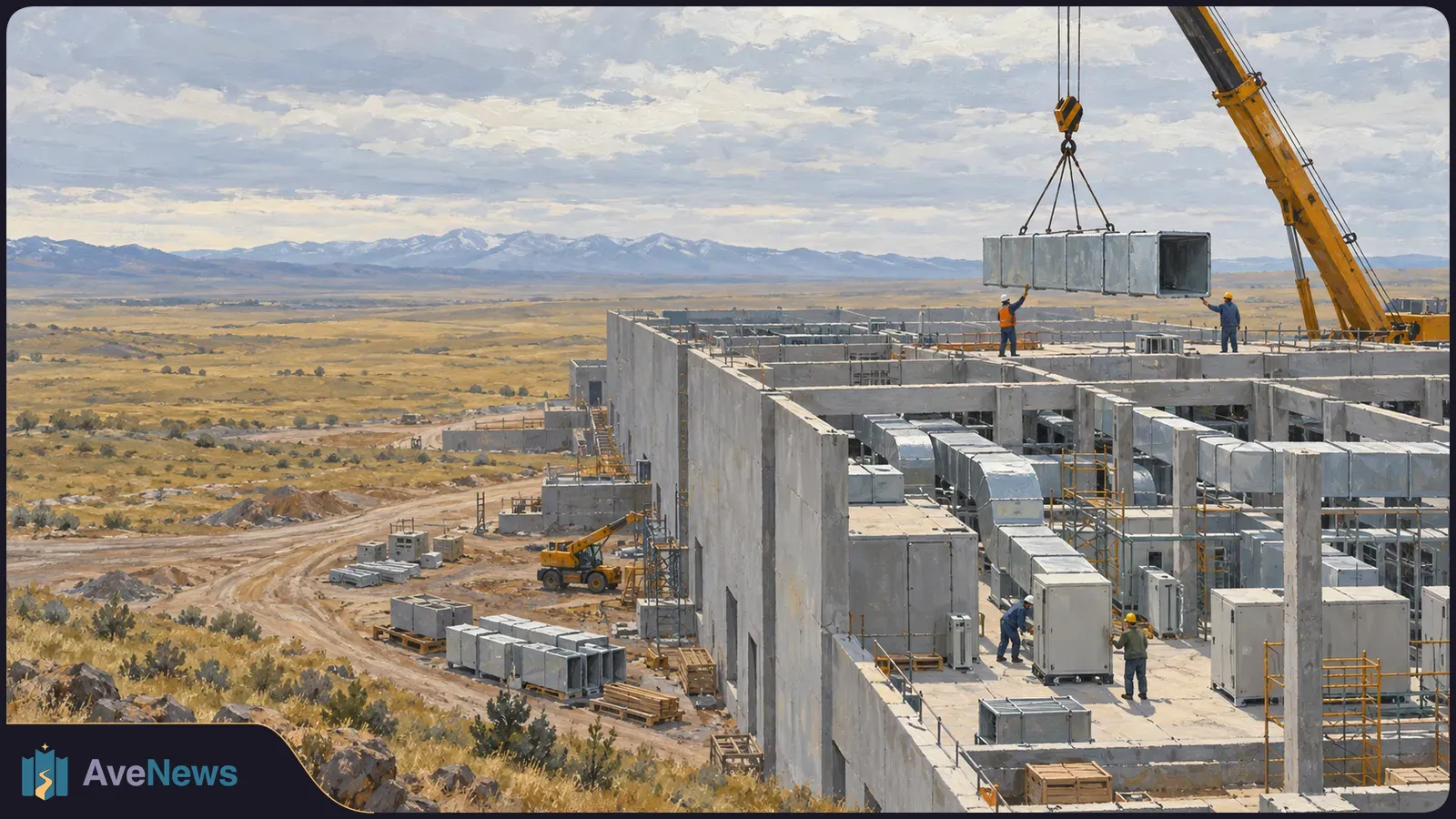 Illustration of workers at a large construction site as a crane lifts a metal duct section above a concrete building, with open plains and mountains beyond. SI illustration