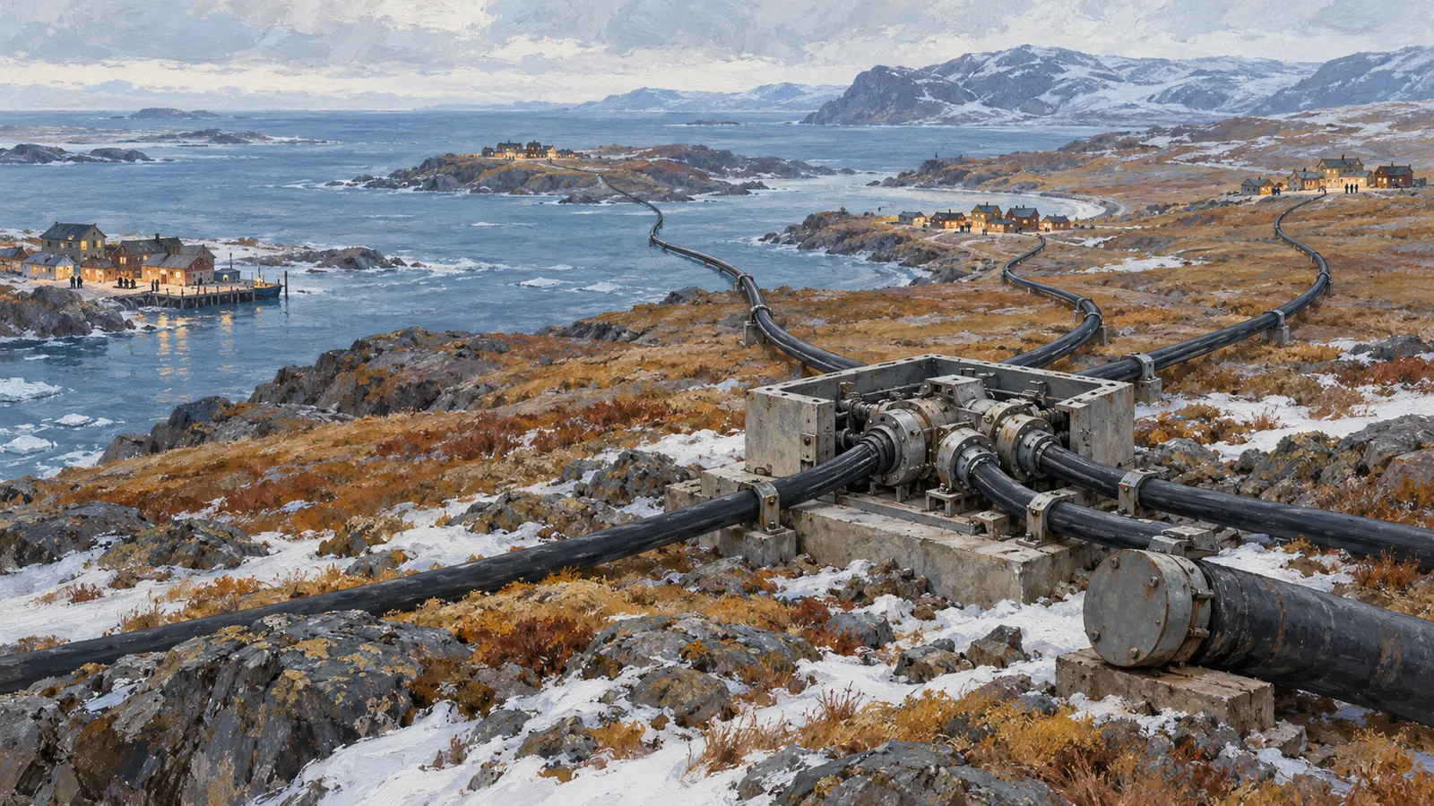 Thick black cables converge at a metal junction on a snowy, rocky coast, with small illuminated settlements, icy water and mountains beyond. SI illustration