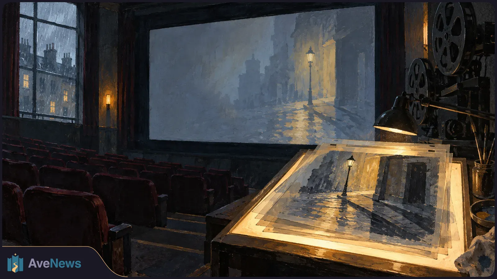 Painted cinema interior with empty seats, film reels and a lit drawing table; a rainy street scene appears on the screen and on stacked artwork. SI illustration