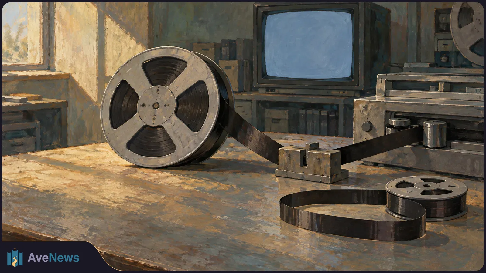 A painted scene of a large film reel and loose tape on a worktable beside an old television and playback equipment. SI illustration