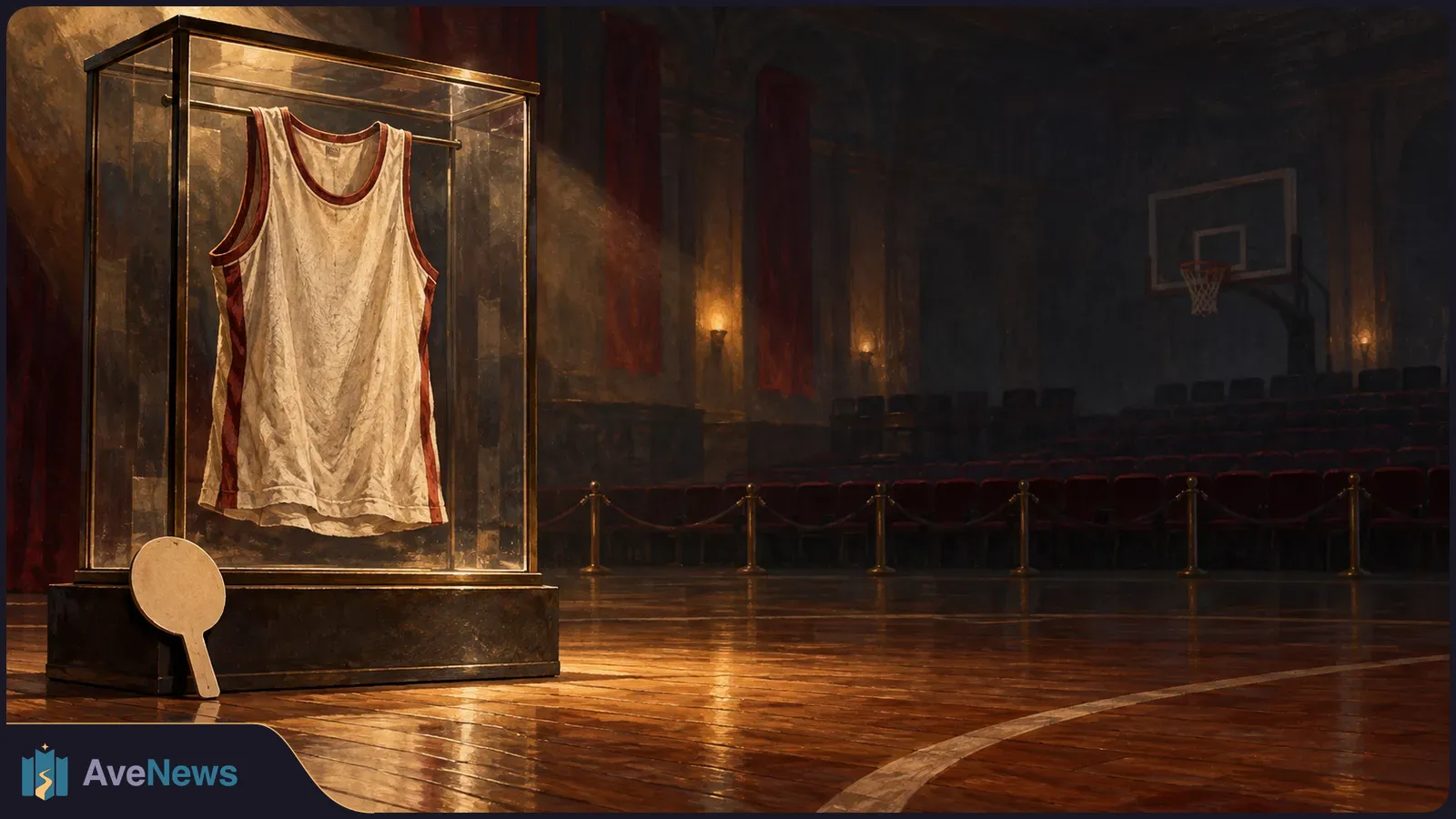 A white basketball jersey with red trim hangs in a lit glass case on a polished court. A hoop and rows of dark seats are in the background. SI illustration