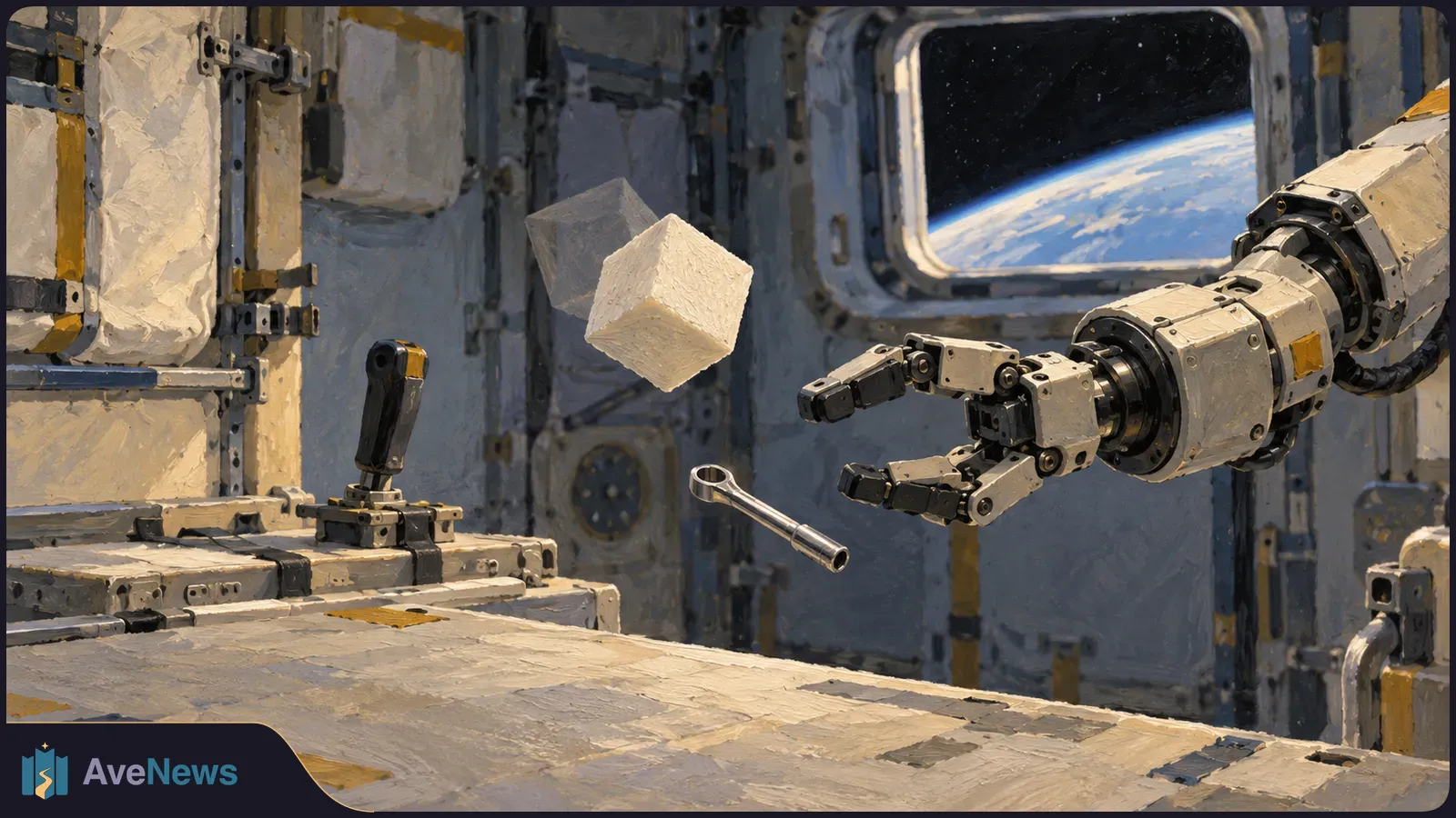 Inside a spacecraft, a robotic gripper reaches toward a floating wrench and two cubes; Earth is visible through a window. SI illustration