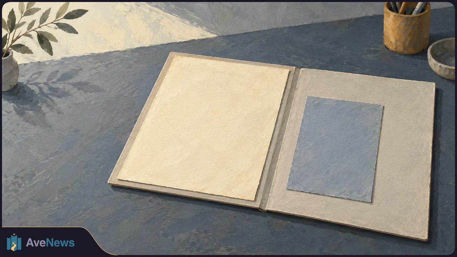 Painted illustration of an open folder on a gray desk, with a blank cream page and a blue-gray rectangle. A leafy vase, pencil holder and bowl sit nearby. SI illustration