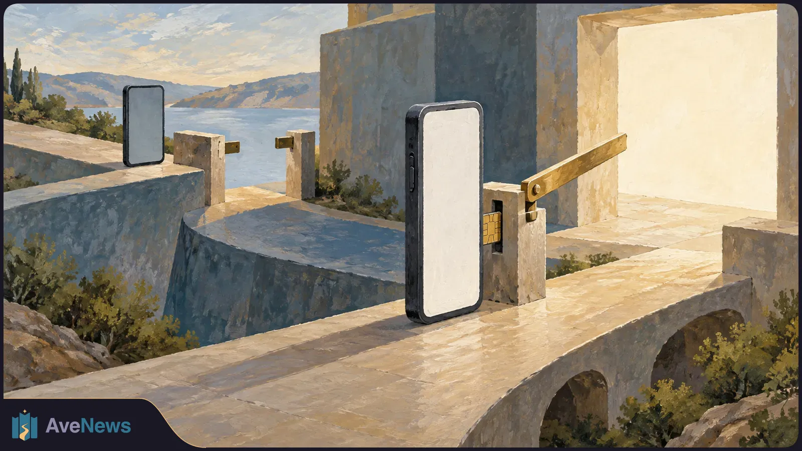 Painted scene of a blank-screen phone beside a raised barrier on a stone walkway. A second blank-screen phone stands across a gap, with water and hills behind. SI illustration
