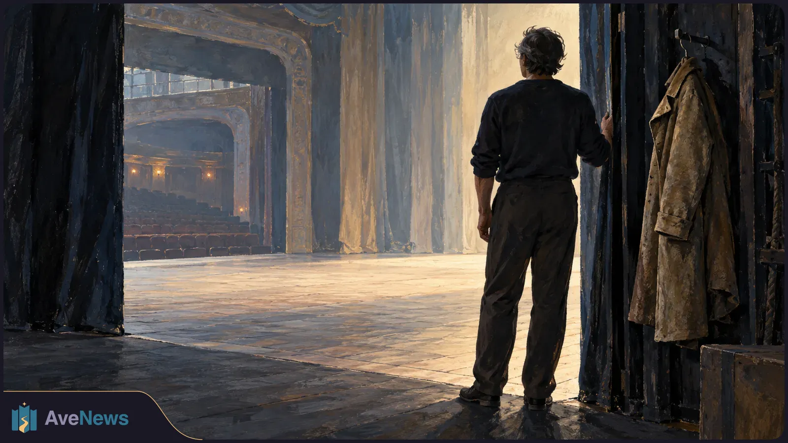 A painted scene of a person seen from behind at the edge of a theater stage, facing an empty auditorium. A coat hangs beside the doorway. SI illustration