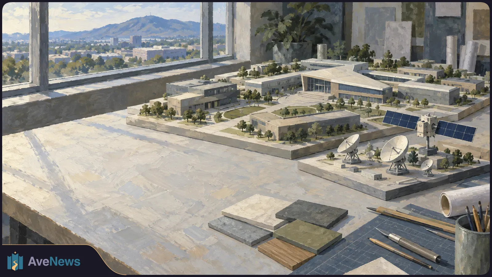 Painted scene of a tabletop model of a building complex beside miniature satellite dishes and a satellite, with plans and drawing tools in the foreground. SI illustration