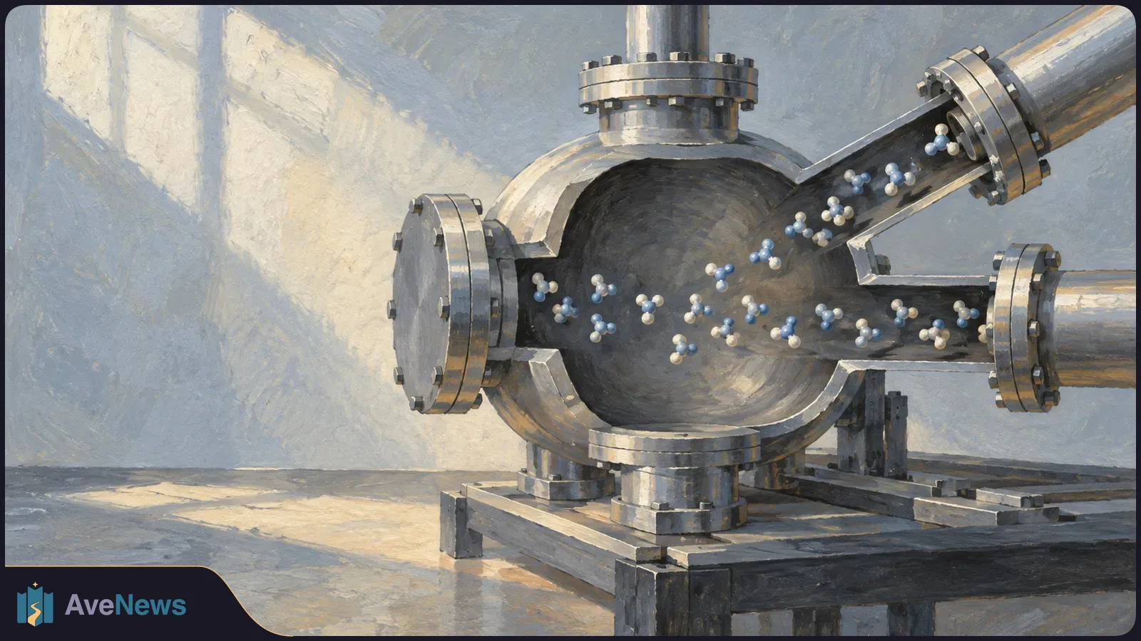 Painted cutaway of a metal chamber with blue-and-white molecular models inside intersecting pipes. SI illustration