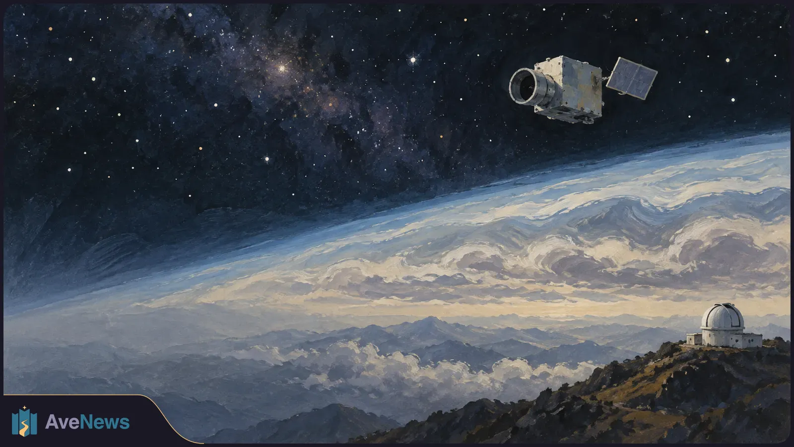 A painted space telescope floats above clouds and mountains under a starry sky; a domed observatory stands on a ridge below. SI illustration