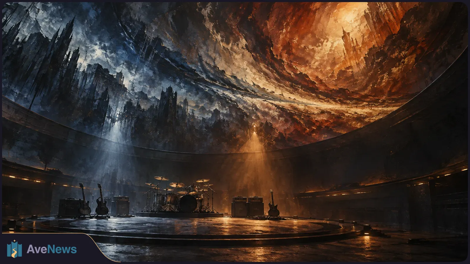 Drum kit, guitars and amplifiers on a circular stage beneath a vast dome painted with dark city spires and a fiery orange sky. SI illustration