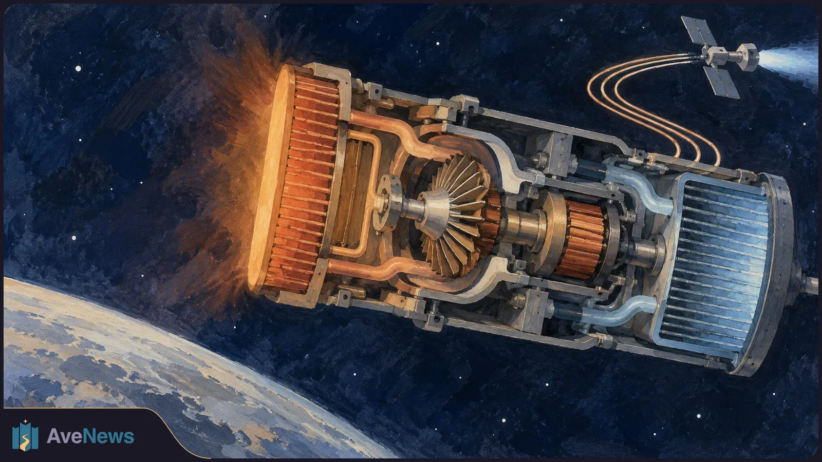 Painted cutaway of a spacecraft power unit with gears, coils and a glowing orange end, floating above a planet; a small satellite and curved light trails appear behind it. SI illustration