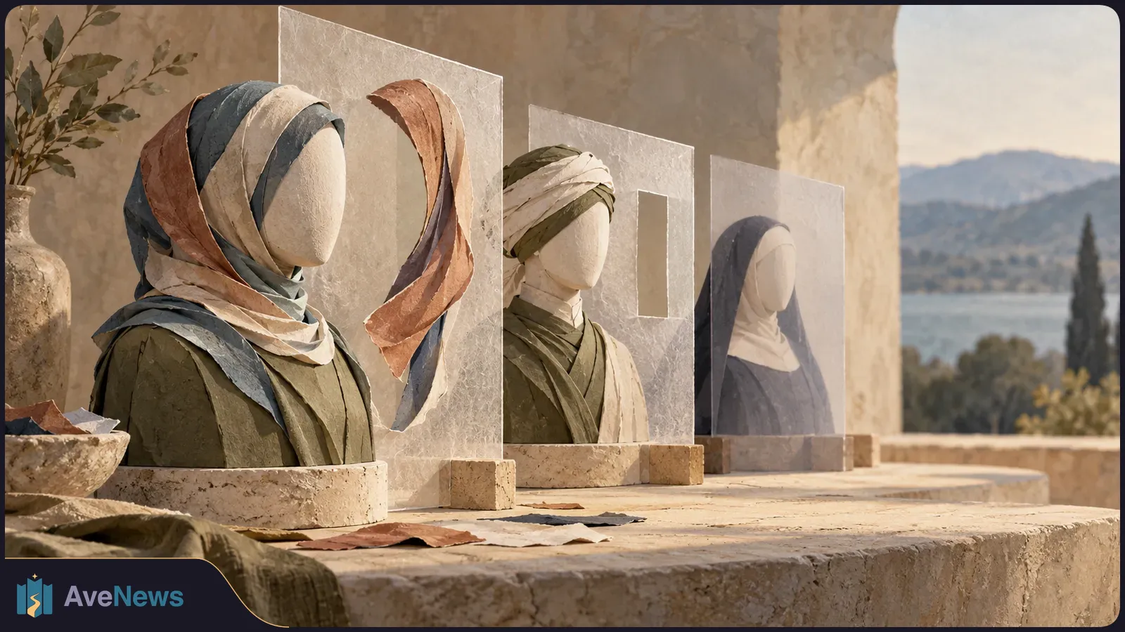 Three faceless busts wear a headscarf, turban and nun’s veil among translucent panels on a stone table, with a sunlit landscape behind. SI illustration