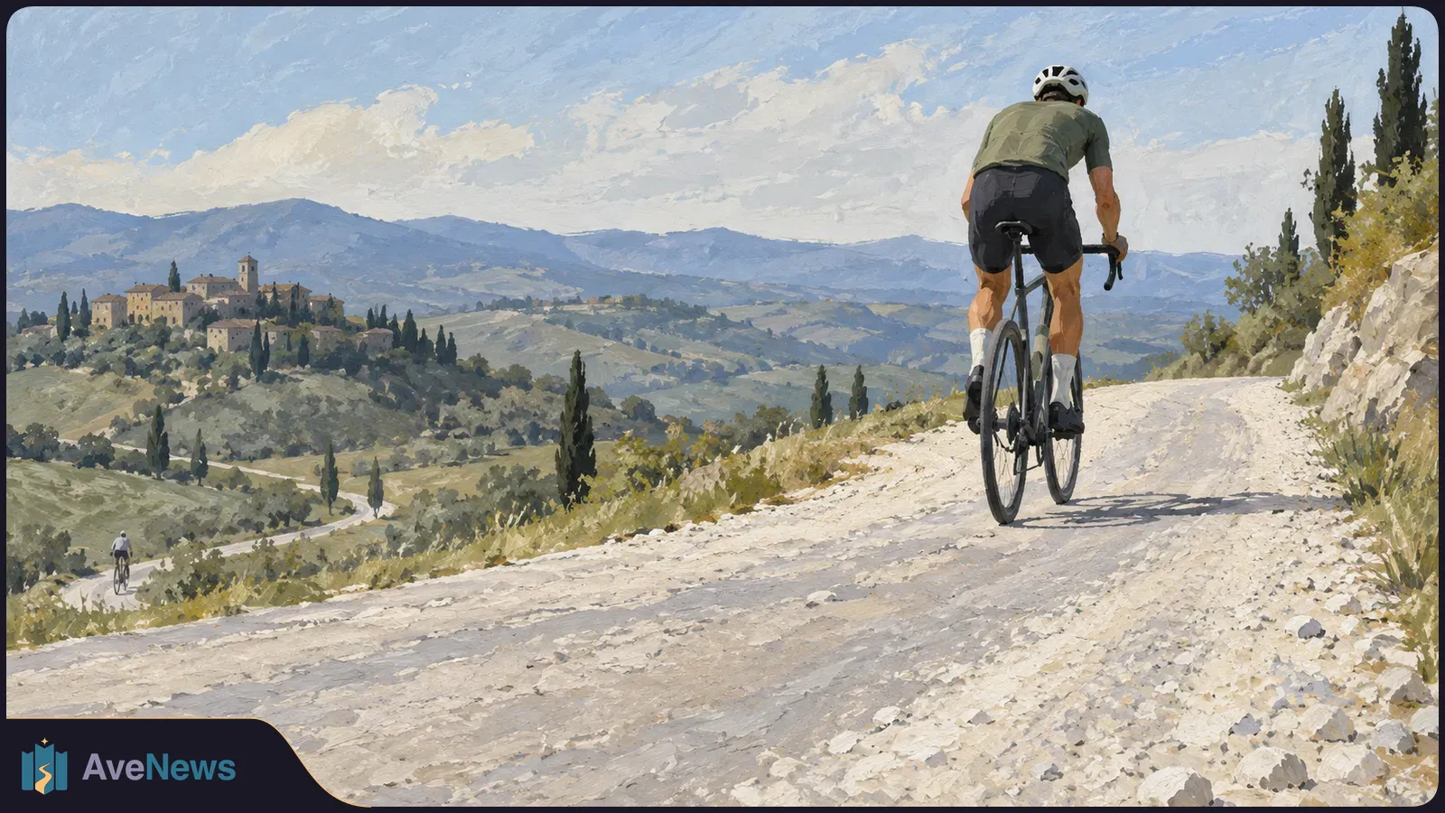 Painted scene of a cyclist riding up a gravel road, with another cyclist farther back, a hilltop village, trees and mountains under a cloudy sky. SI illustration