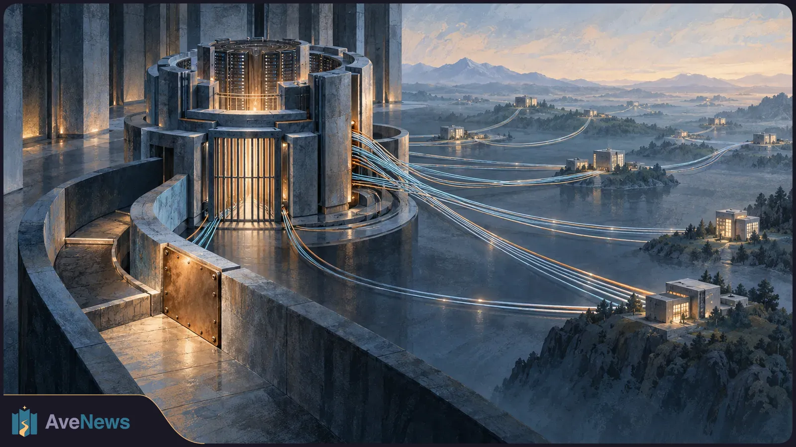 A large circular server hub sends glowing cables across a misty landscape to smaller buildings beneath distant mountains. SI illustration