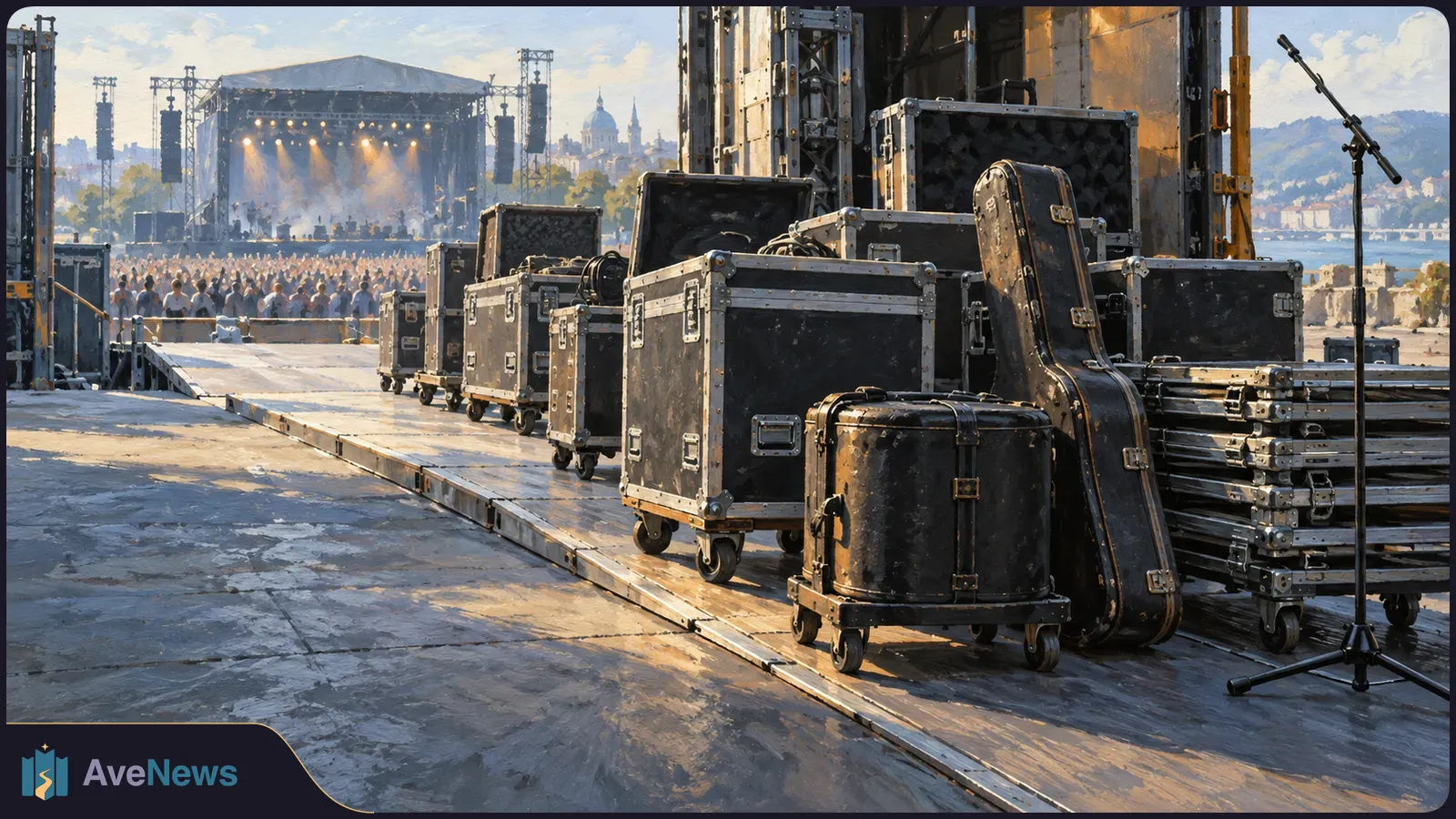 Wheeled equipment cases and a guitar case line the side of an outdoor stage; a microphone stand is at right, with a lit stage and crowd in the distance. SI illustration