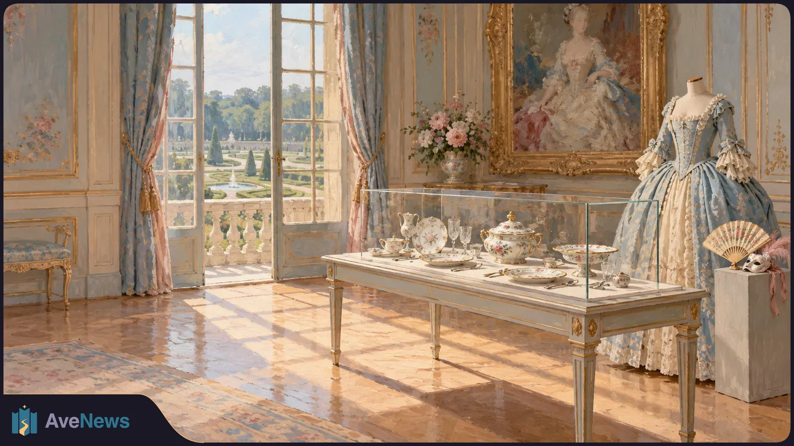 In an ornate room, floral tableware sits under a glass cover beside a mannequin in a blue period gown, with a portrait and garden beyond open doors. SI illustration