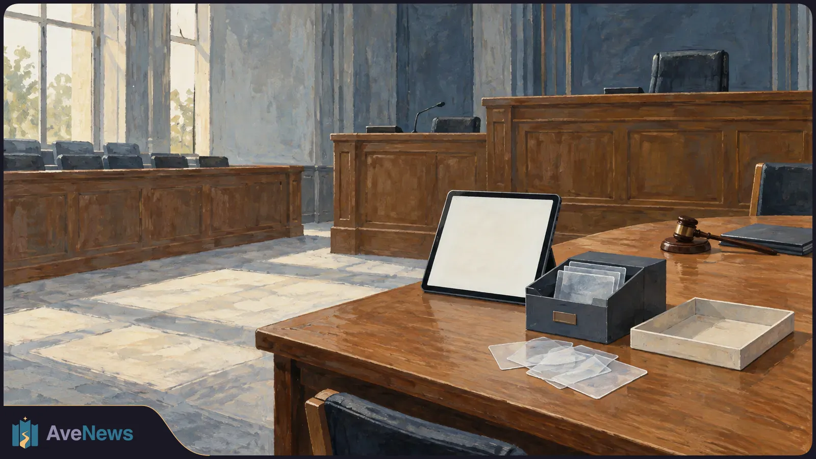 Painted, empty courtroom with wooden benches and a judge’s desk. A blank tablet, box of pale cards and gavel sit on a table in the foreground. SI illustration