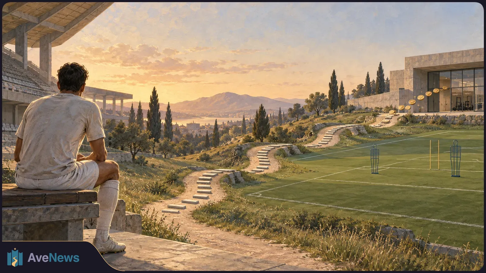 A footballer in a white kit sits beside a training pitch at sunset, looking toward the field as golden coins float near a building. SI illustration