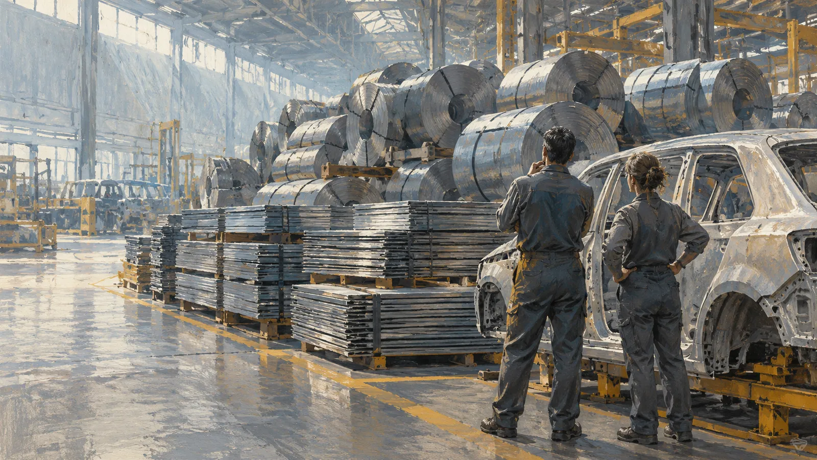Two workers stand beside an unfinished car body in a factory filled with stacked metal sheets and large coils. SI illustration