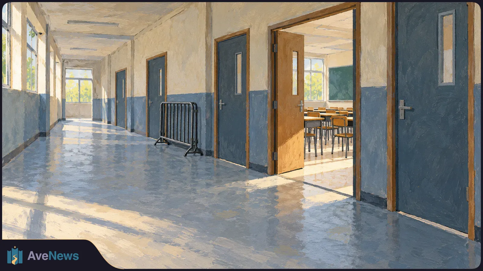 Painted school corridor with a metal barrier and an open door to an empty classroom; sunlight falls across the floor. SI illustration
