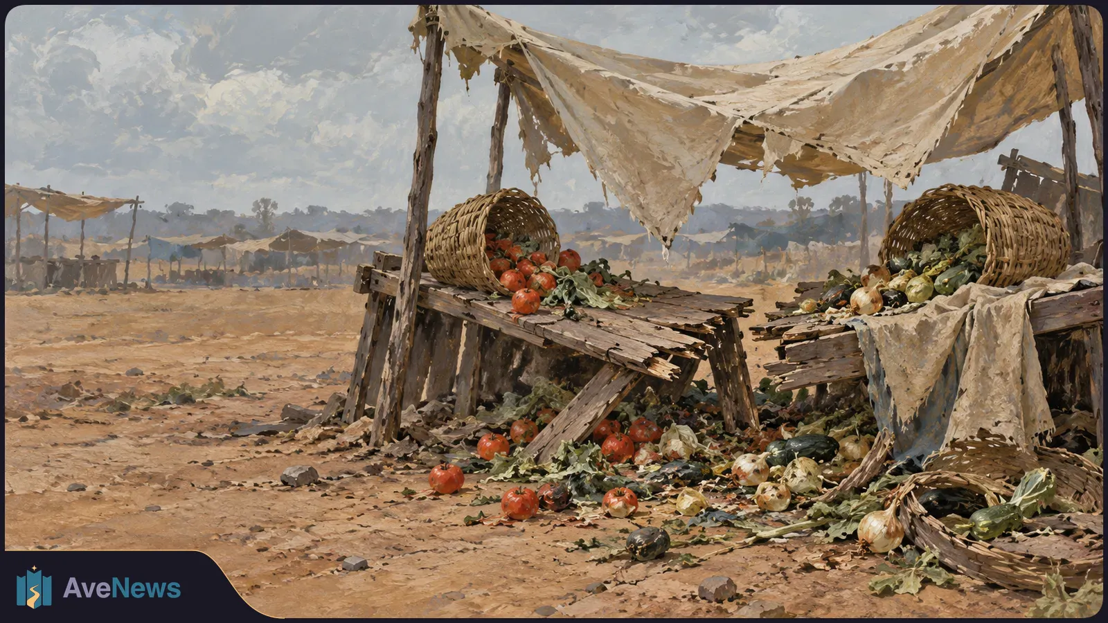 Painting of a deserted outdoor market with torn canopies, broken wooden stalls, overturned baskets and vegetables scattered across dusty ground. SI illustration