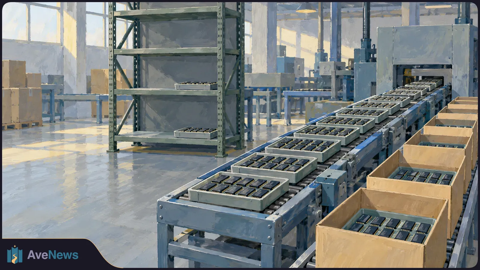 Painted factory scene with trays of memory chips on a conveyor, open boxes filled with chips beside it, and mostly empty shelves behind. SI illustration