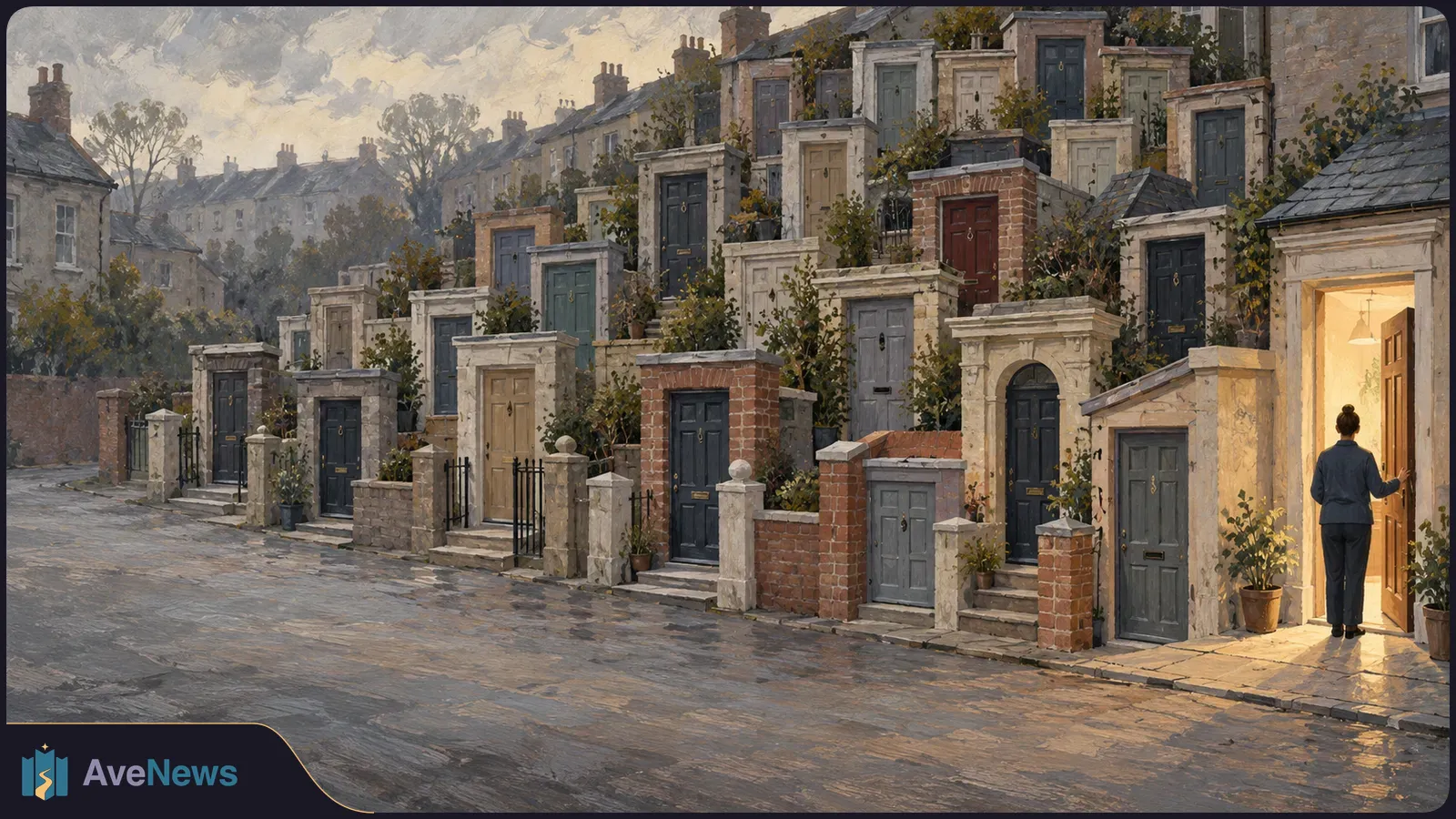 Painterly street scene with rows of doors set among brick and stone walls. At right, a person stands at an open doorway glowing with warm light. SI illustration