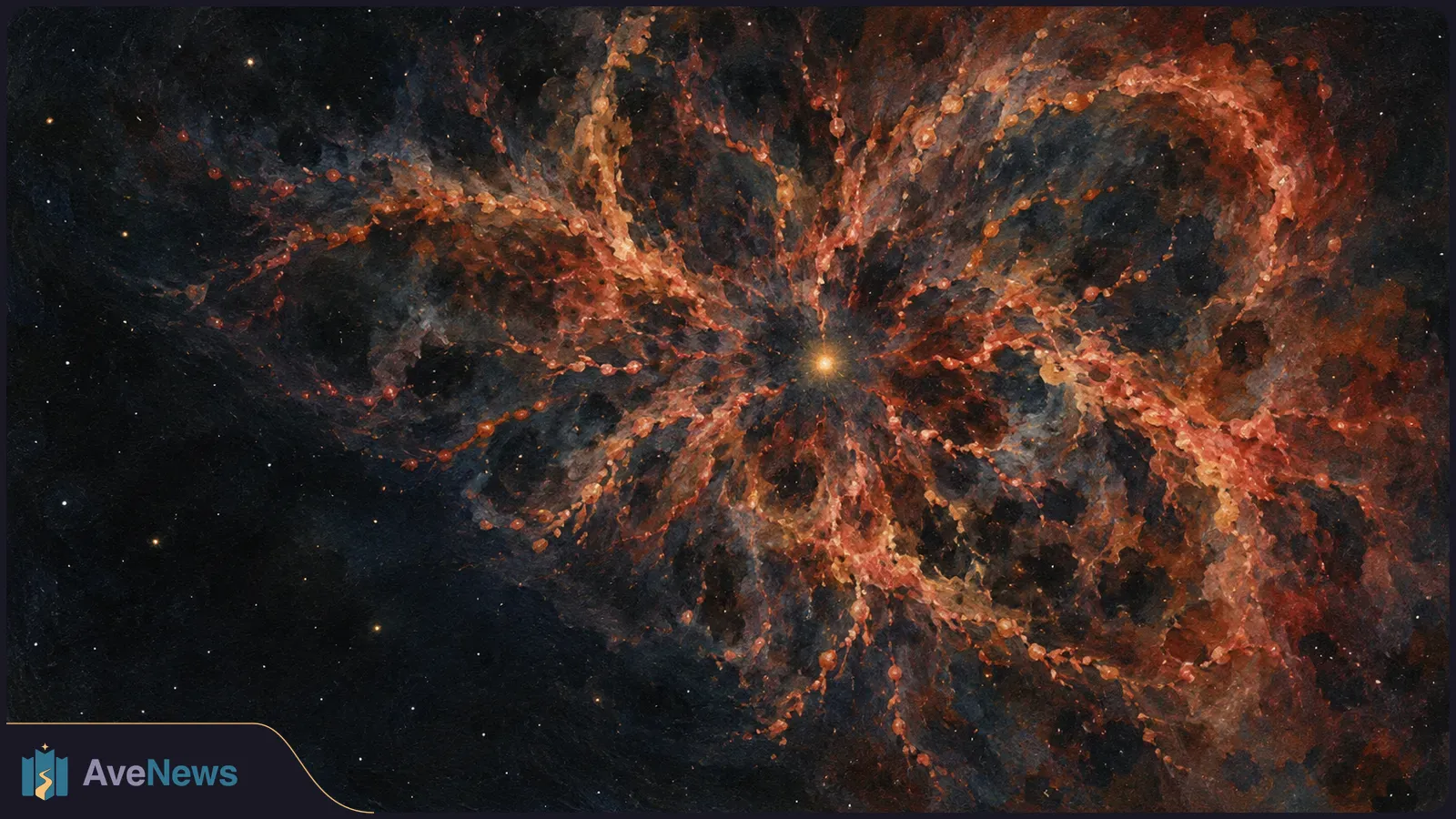 Painted orange and red chains of knots and wispy filaments radiate around a bright point against a dark, star-speckled sky. SI illustration