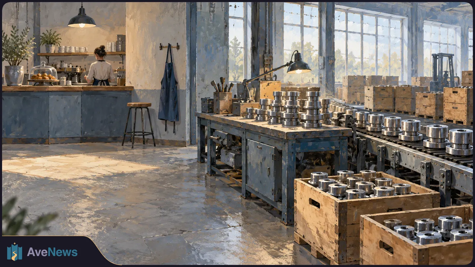 Illustration of metal parts stacked on a factory workbench and conveyor, with wooden crates nearby; a person stands behind a café counter at left. SI illustration