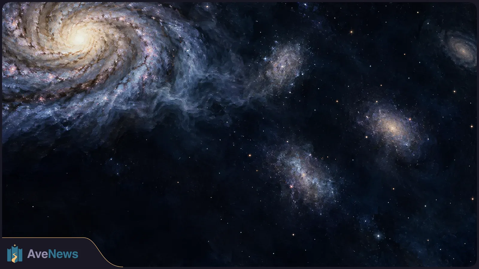 A large luminous spiral galaxy fills the left side of a dark star field, with several smaller, hazy galaxies to the right. SI illustration