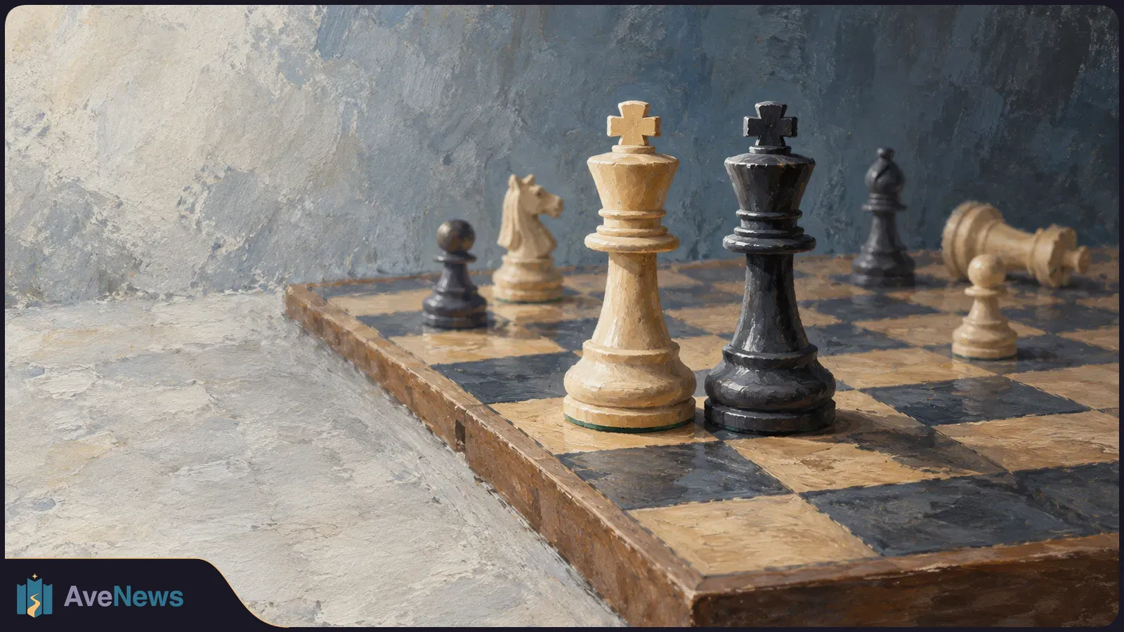 Painterly illustration of a chessboard with light and dark kings standing side by side, other pieces behind them, and a light piece lying on its side. SI illustration