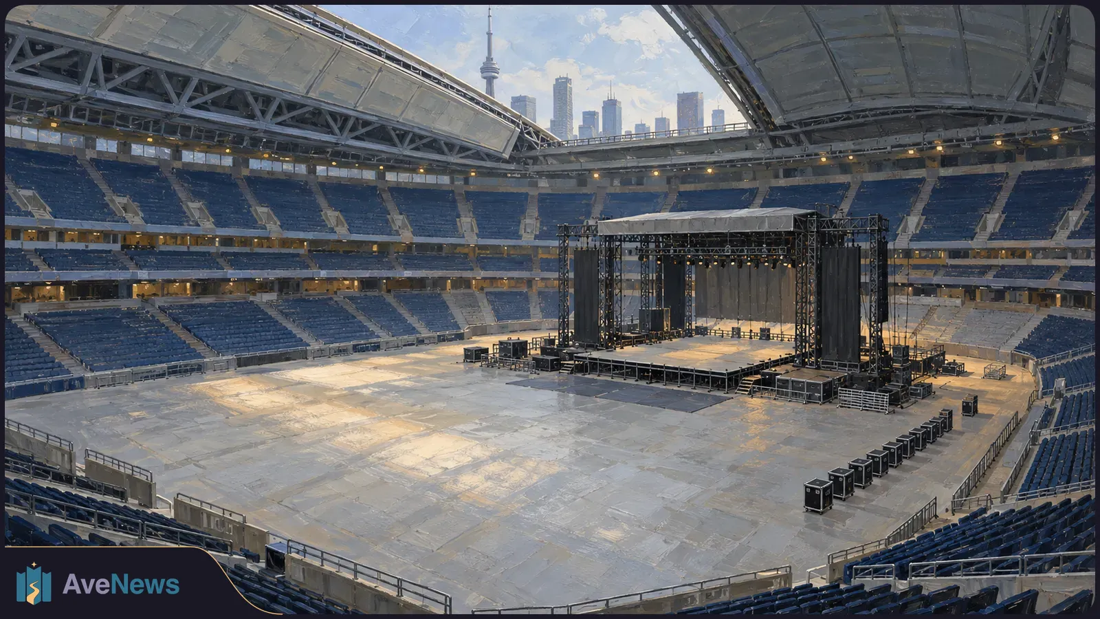 An empty concert stage sits inside a blue-seated stadium with a partly open roof; Toronto’s skyline and CN Tower appear beyond it. SI illustration