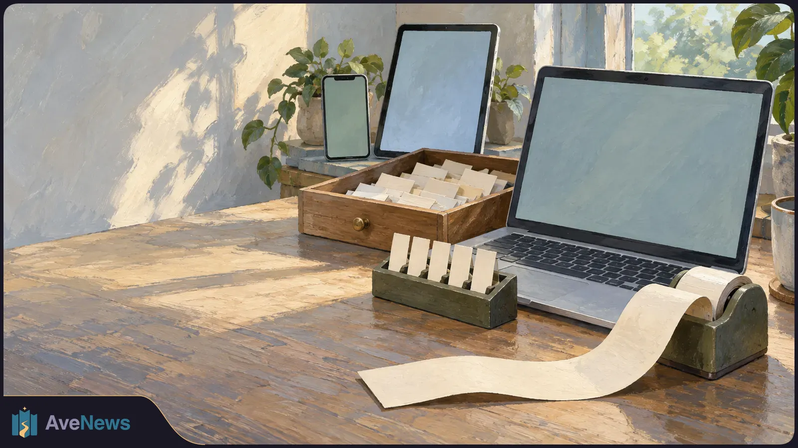 Painterly illustration of a laptop, tablet and phone with blank screens beside a tray of paper slips, five upright blank cards and an unrolled strip of paper on a sunlit desk. SI illustration