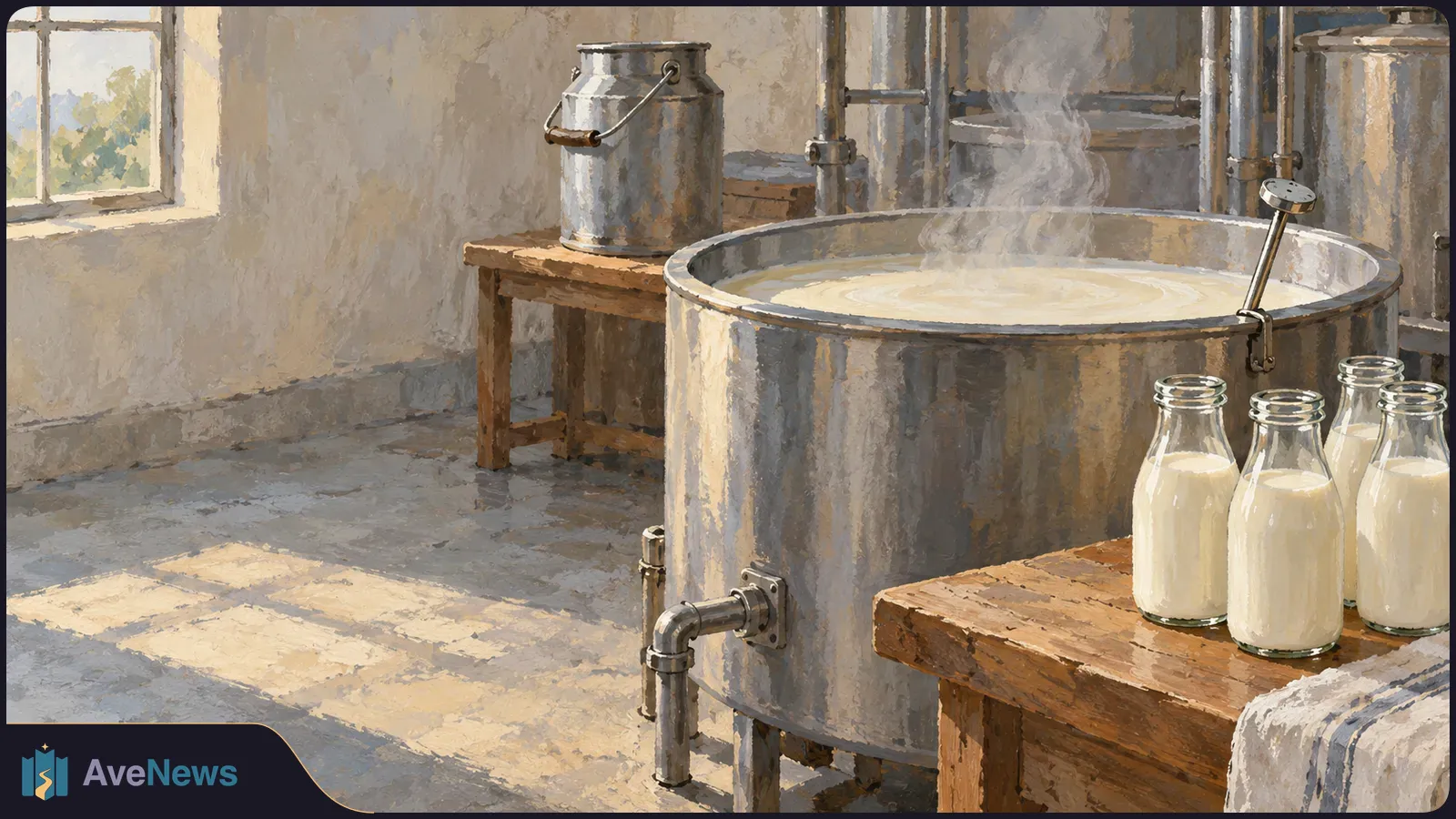 Painted dairy room with steam rising from a large metal vat of milk; glass milk bottles stand on a wooden table. SI illustration