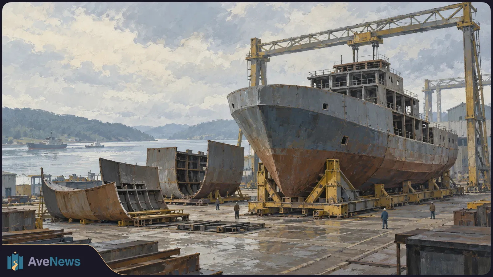 A painted shipyard scene with a large unfinished ship on supports beneath yellow gantry cranes. Curved hull sections and workers stand nearby, with boats on the water behind. SI illustration