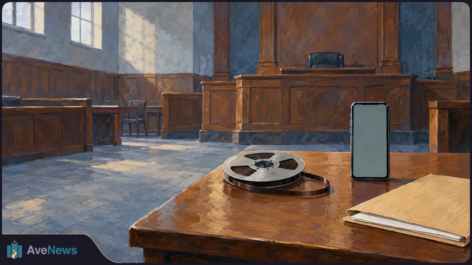 Painted courtroom with a reel of recording tape, a blank-screen phone and a folder on a wooden table before an empty judge’s bench. SI illustration
