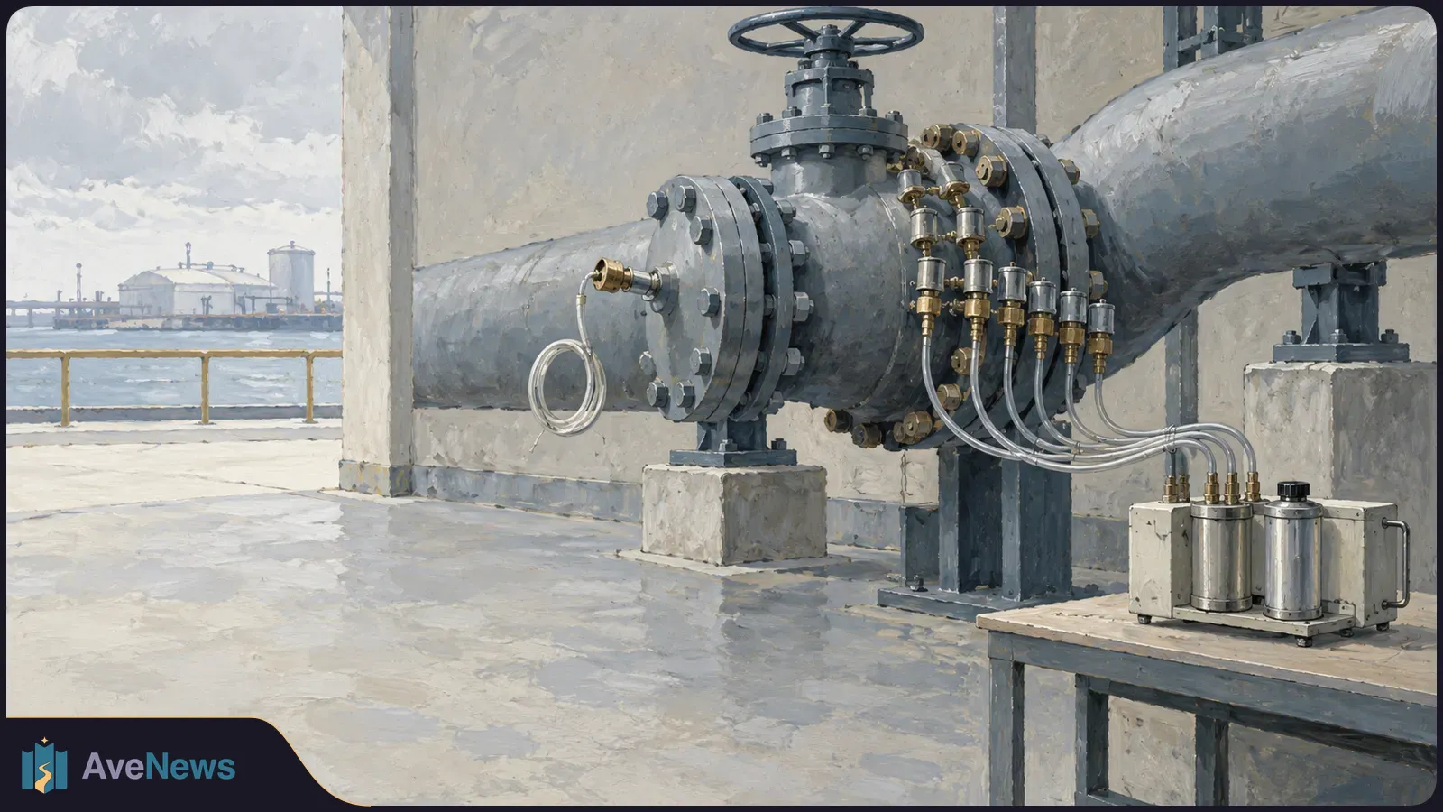 Painted industrial scene with a large valve on a steel pipeline, thin tubes running to canisters on a table, and storage tanks across the water. SI illustration