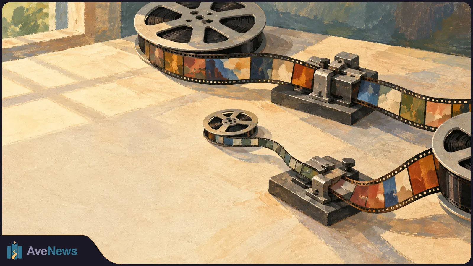 A painted scene of film reels and two strips of colorful frames passing through metal devices on a sunlit table. SI illustration
