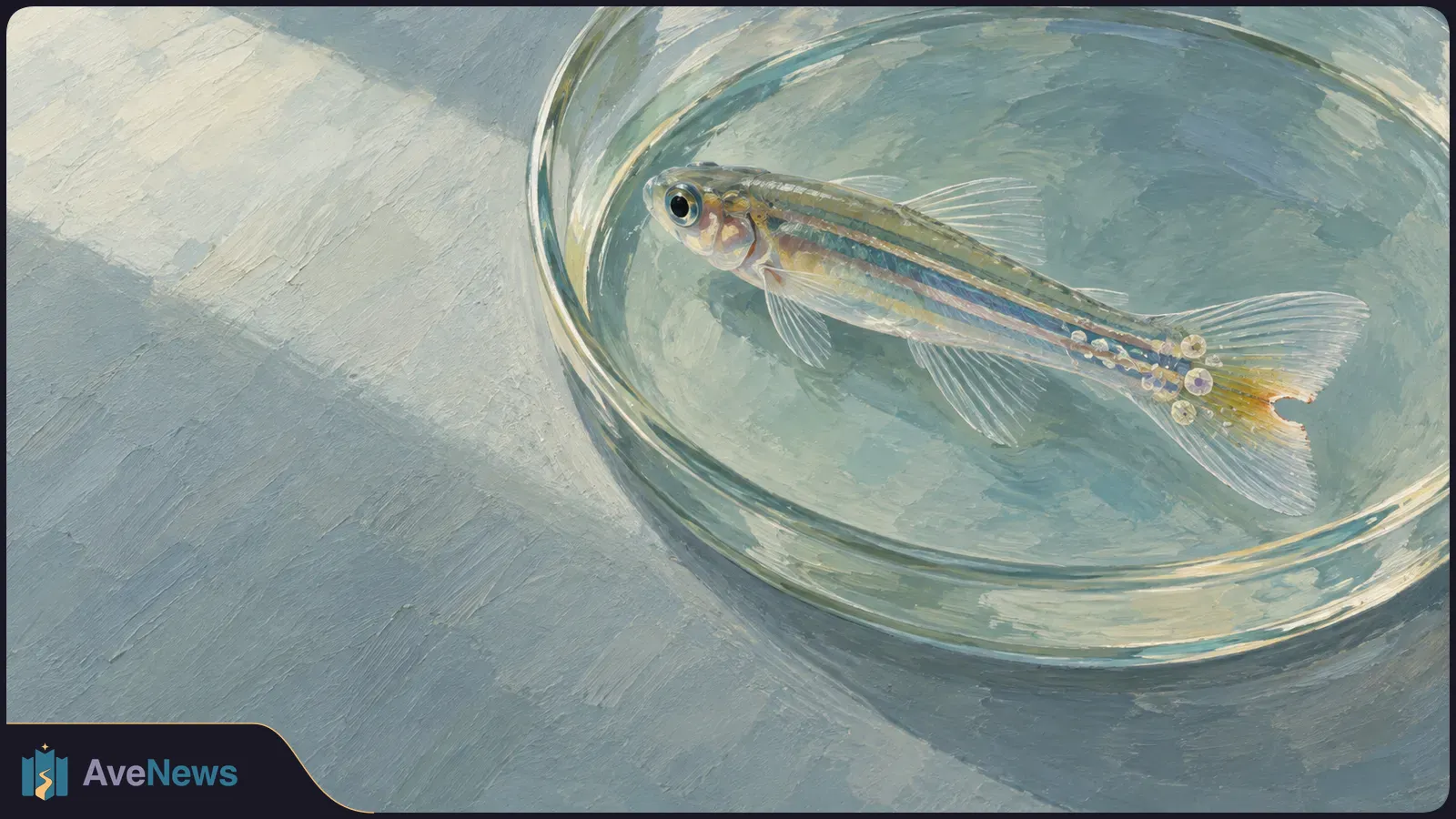 Painted illustration of a striped zebrafish in a glass bowl of water, viewed from above on a pale blue surface. Small translucent circles dot its tail. SI illustration
